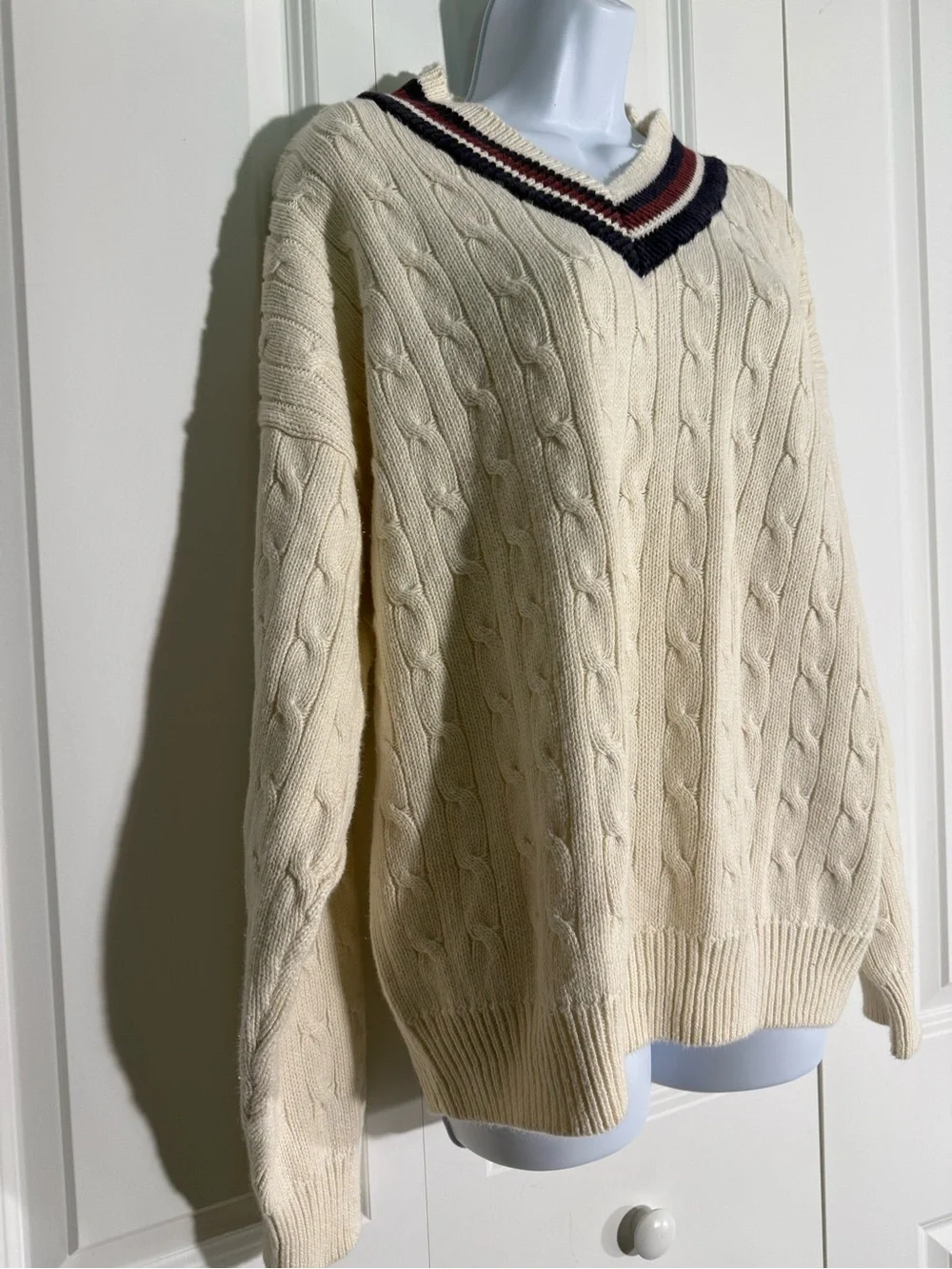 Classic Men's V-Neck Cable Knit Sweater in Cream with Navy & Maroon Trim